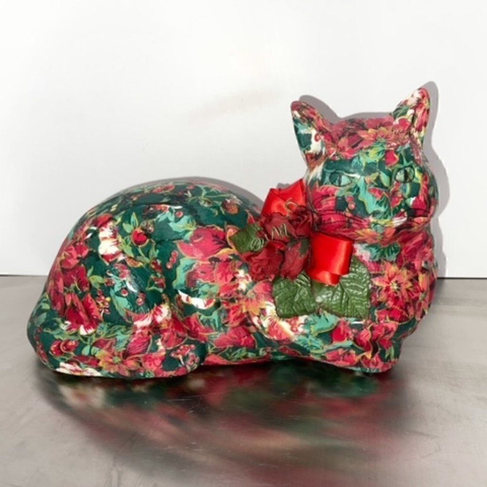 Large Paper Mache Christmas Cat Red Green White Gold Laying Down Roses Bow 12.25